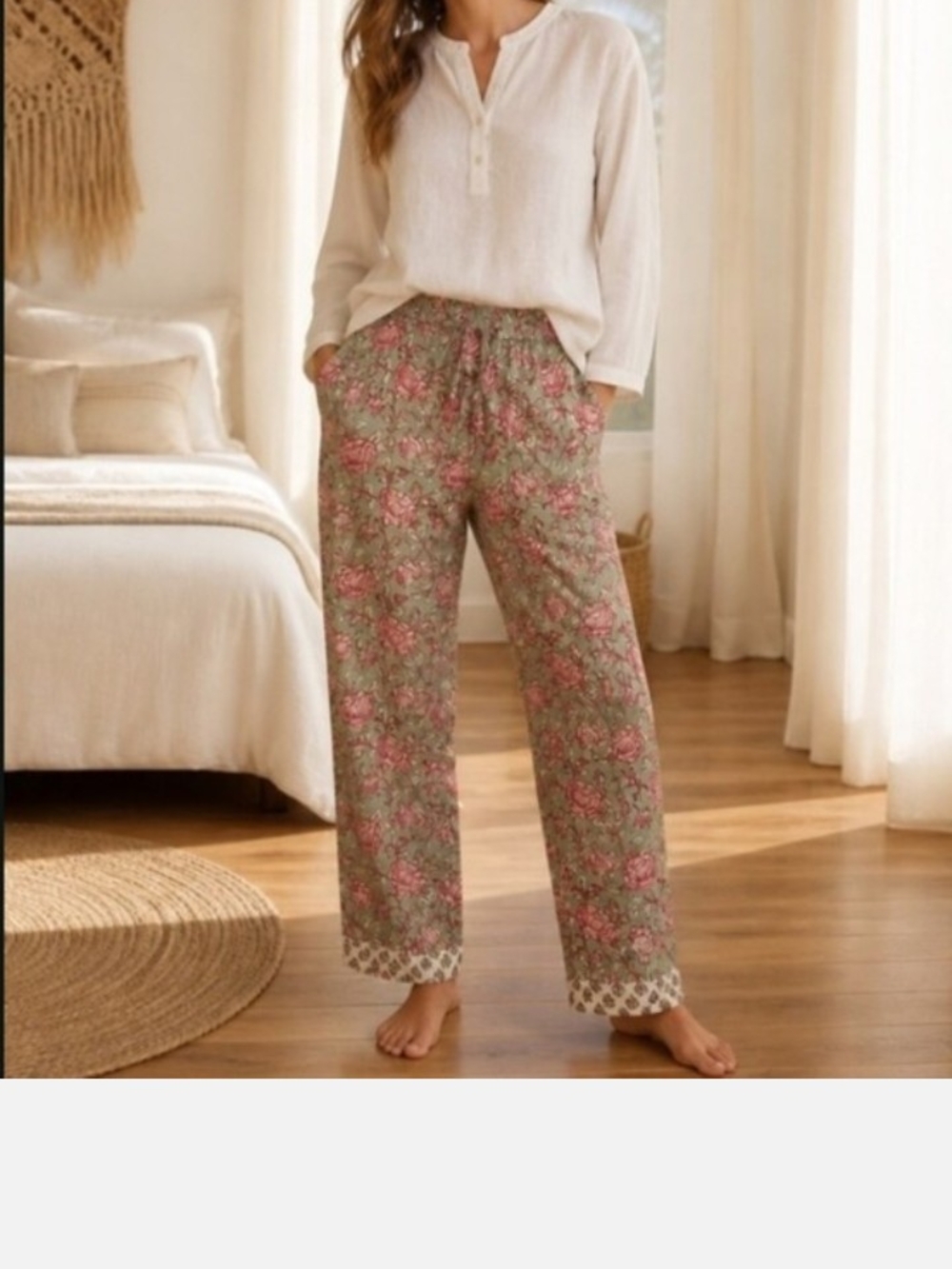 Sundance Green Wide-Leg Pants with Pink Rose Print